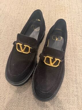 Valentino Garavani Women’s Black Suede Loafers with Gold V Logo